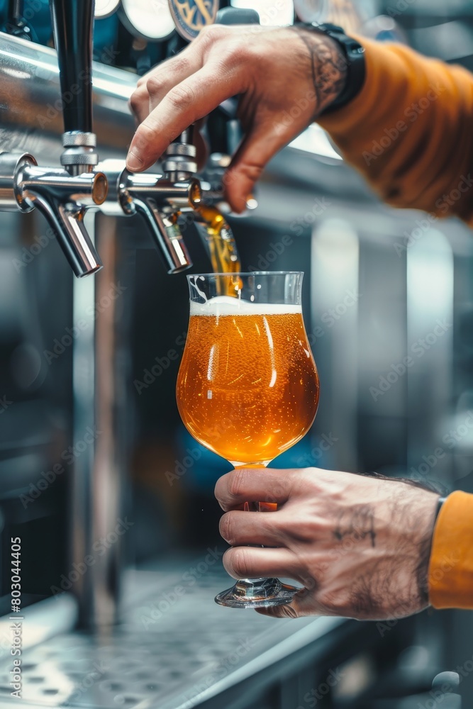 Close up detailed shot of bartender s hands pouring beer from tap in a bar setting