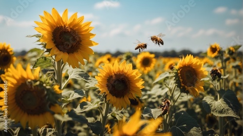 Bees And Sunflowers, day light, Nature photography