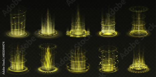 Portals with yellow light flashes realistic vector illustration set. Magical power and science 3d elements on black background. Level up template