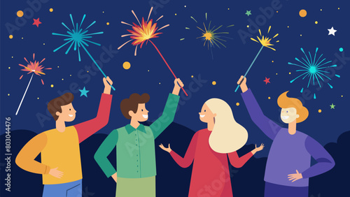 A group of friends setting off sparklers and writing their names in the night sky illuminated by the colorful fireworks behind them.. Vector illustration
