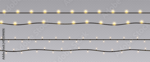 Fairy lights glowing lines 3d realistic vector illustration set. Festive illuminating ornament design. Lamp garlands on transparent background