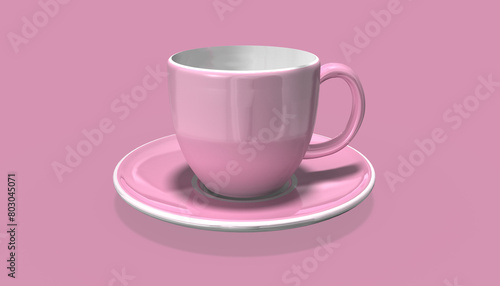 3d pink farbene Tasse mit Untertasse, Teller in weiß auf transparenten Hintergrund, freigestellt