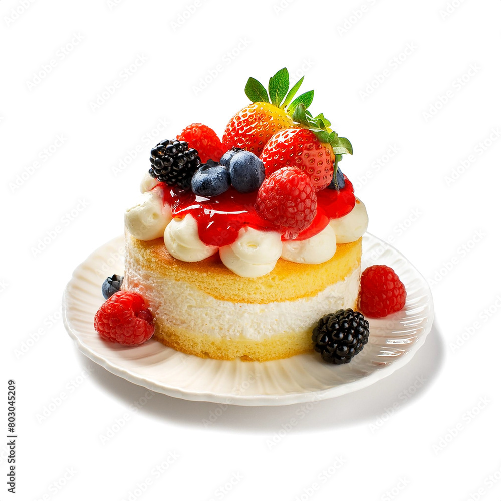 ベリーとクリームのデコレーションケーキの皿　白背景の切り抜き