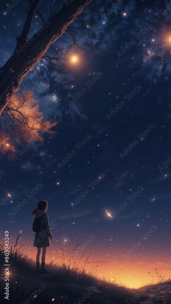 Fototapeta premium Girl and mystical scene the starry night sky