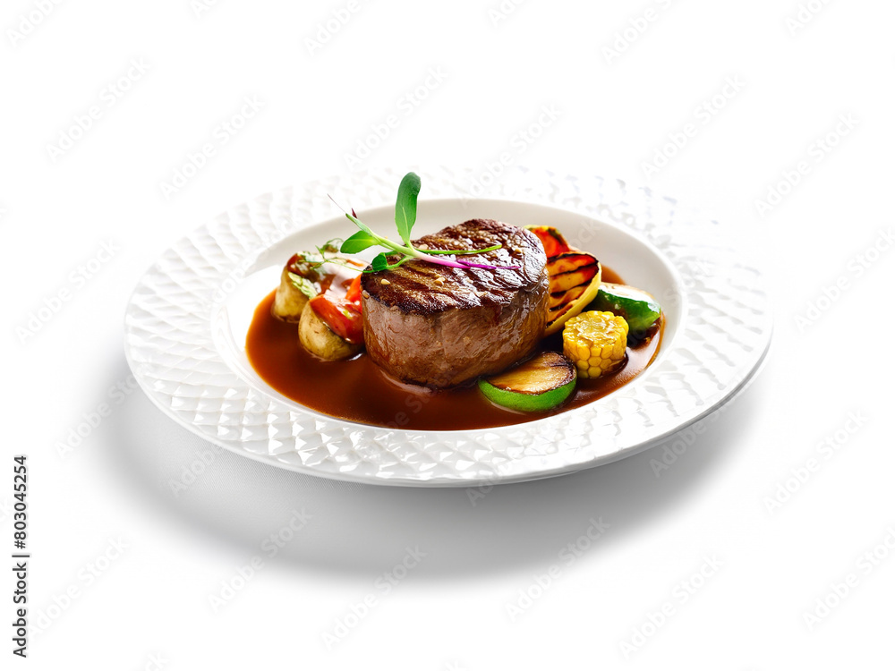 牛肉のグリルステーキと彩り豊かな野菜の付け合せの皿 白背景の切り抜き 牛肉のグリルステーキと彩り豊かな野菜の付け合せの皿 白背景の切り抜き