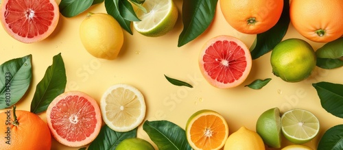 A creative backdrop featuring a variety of summer tropical fruits with leaves such as grapefruit  orange  tangerine  lemon  and lime on a soft yellow background. Food theme.