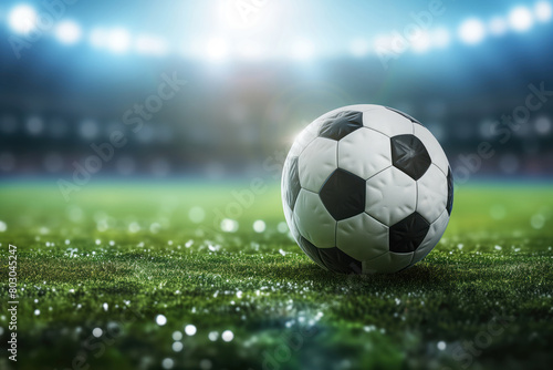 Blurred stadium background with soccer ball lying on grass at a stadium AI Generative © ungvar