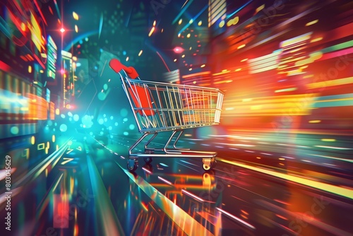 A vibrant illustration of an ecommerce shopping cart zooming through a silicon landscape