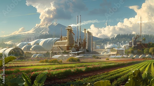 Factories rise tall beside a group of greenhouses on a bright, sunny day. photo