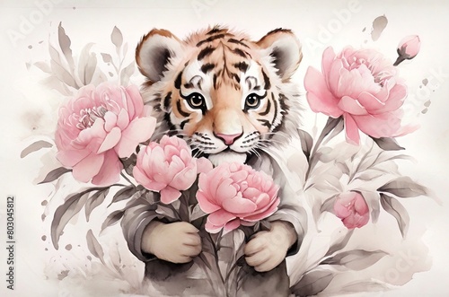 Watercolor illustration of a striped orange baby tiger with pink flowers. Concept for birthday cards, posters, stickers. AI generated © Aisylu