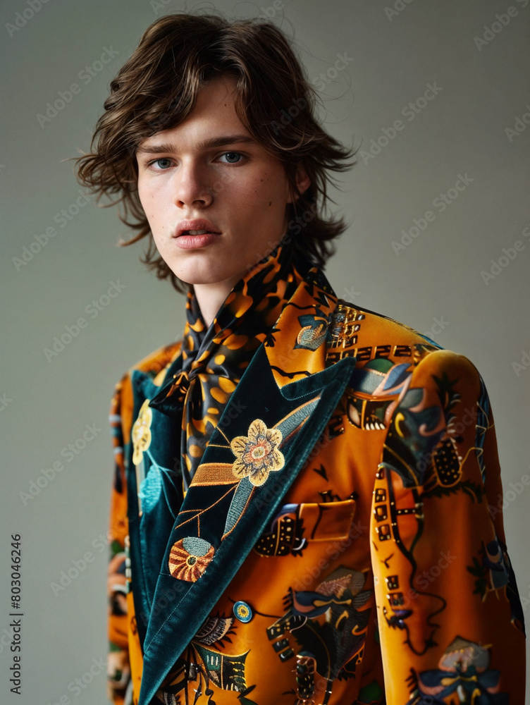 Young stylish man model posing for edgy and modern fashion editorial. Conceptual photo. Haute couture contemporary trends in vivid colors
Young stylish man model posing for edgy and modern fashion editorial. Conceptual photo. Haute couture contemporary trends in vivid colors