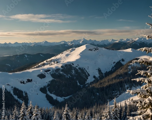 Beautiful Aerial Panoramic View of Whistler Mountain during a sunny winter day. Taken from Blackcomb Peak, Whistler, British Columbia, Canada. Canadian Nature Landscape Panorama .Generated with AI
