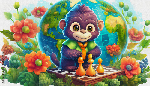 oil painting style CARTOON CHARACTER CUTE baby gorilla game of chess .  photo