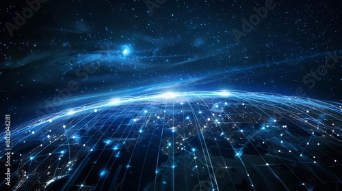 The global communication network sprawls like a web across the template
