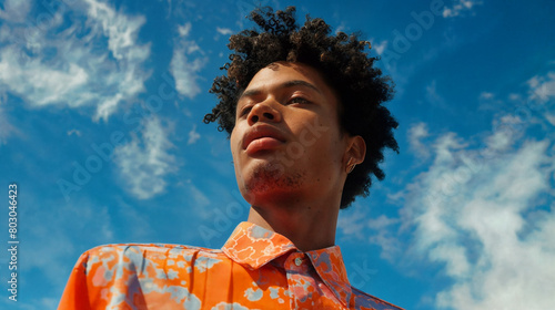 Young stylish blackman model posing for edgy and modern fashion editorial against the sky. Conceptual photo. Haute couture contemporary trends
 photo