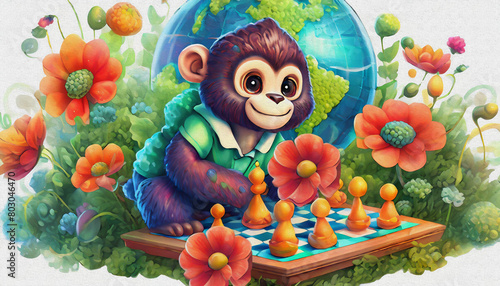 oil painting style CARTOON CHARACTER CUTE baby gorilla game of chess .  photo
