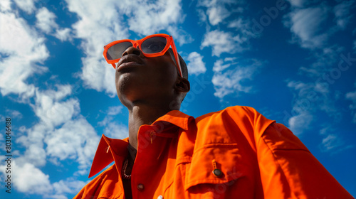 Young stylish black man model wearing sunglasses and posing for edgy and modern fashion editorial against the sky. Conceptual photo. Haute couture contemporary trends in orange colors
