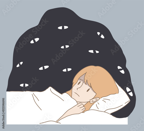Sleepless woman lying in bed, having insomnia, bad dreams, thoughts, nightmares, fear of darkness. Spooky shadow surrounded by big evil eyes. Hand drawn flat cartoon character vector illustration.