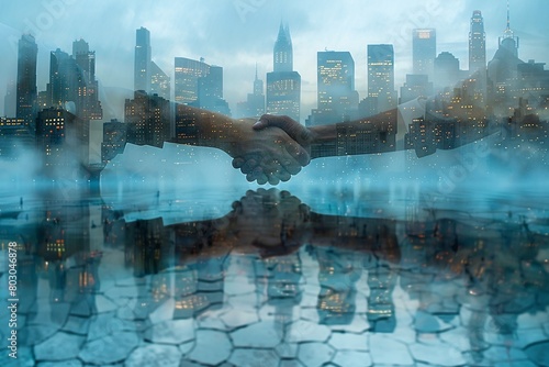 Business Partnership Handshake Over City Reflection  Conceptual Corporate Deal  Urban Landscape Background