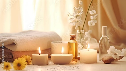 treatment composition such as Towels, candles, essential oils, Massage Stones on light wooden background. blur living room, natural creams and moisturizing Healthy lifestyle, body care photo