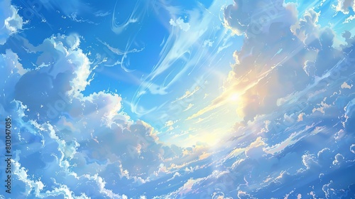Golden rays peek over the horizon  casting a warm glow on the azure sky. Swirls of white clouds dance overhead  offering a breathtaking view from above.