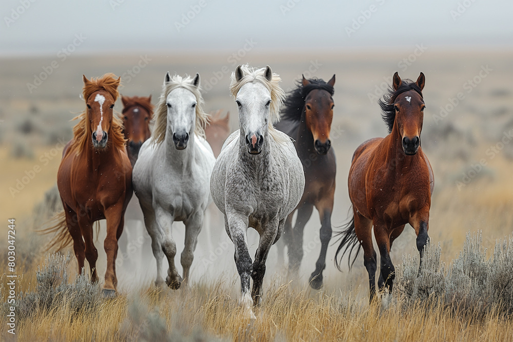 Herd of horses galloping over a hill, ai technology