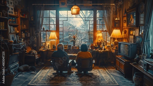 Senior Couple Enjoying a Quiet Moment Together in Cozy, Antique-Filled Room © LAJT