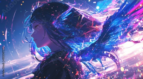 Anime girl with long hair, rainbow colors, colorful, beautiful background