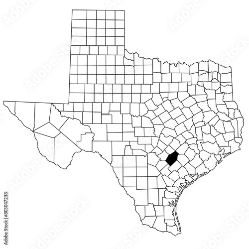 Map of Gonzales County in Texas state on white background. single County map highlighted by black colour on Texas map. UNITED STATES, US photo