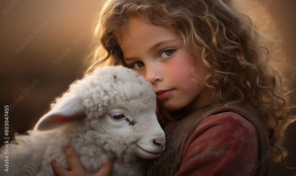Innocence and peace: a curly-haired young girl tenderly holding a cute lamb in a warm, sunlit rural setting Innocence and peace: a curly-haired young girl tenderly holding a cute lamb in a warm, sunlit rural setting