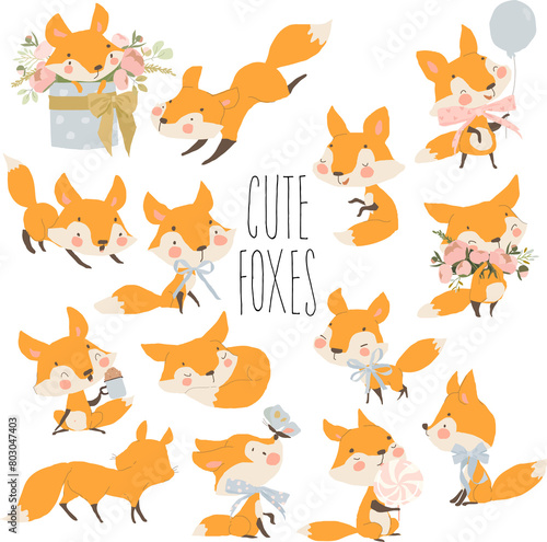 Cute Cartoon Set with Funny Red Foxes on White Background. Vector Set