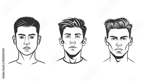 Vector illustration of three men with different hair styles, simple drawing style on white background. Vector illustration