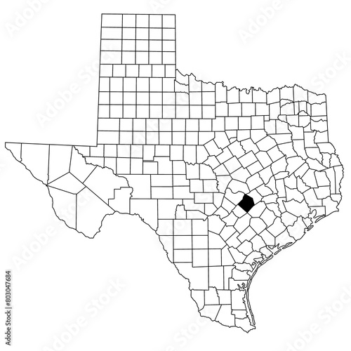 Map of Bastrop County in Texas state on white background. single County map highlighted by black colour on Texas map. UNITED STATES, US photo