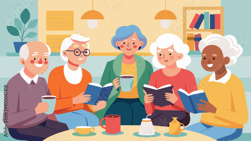 At a retirement home a group of seniors gather in the cozy lounge enjoying hot cups of coffee while reminiscing on their own favorite poetry readings.