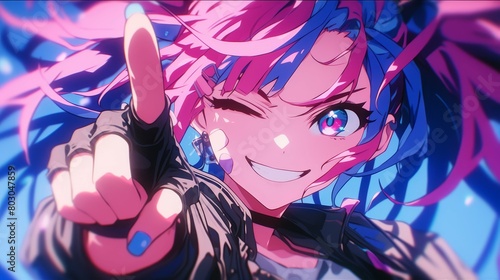 Closeup of an anime girl winking and making the peace sign with her fingers, pink hair with blue highlights, vibrant colors, pink eyes photo