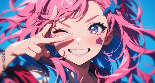 Closeup of an anime girl winking and making the peace sign with her fingers, pink hair with blue highlights, vibrant colors, pink eyes