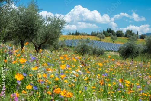 A sprawling field of wildflowers bursting with color in between rows of mature olive trees.