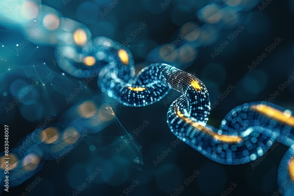 A blue and yellow chain with lights illuminating it. Generative AI A blue and yellow chain with lights illuminating it. Generative AI