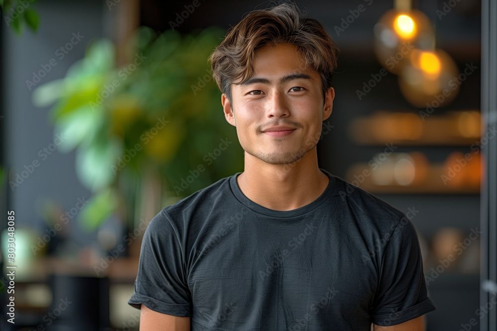 Close-up portrait of a smiling asian man in black t-shirt with a blurry background Close-up portrait of a smiling asian man in black t-shirt with a blurry background