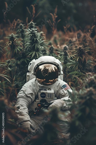 AI generated illustration of an astronaut in a space suit relaxes in a grassy field