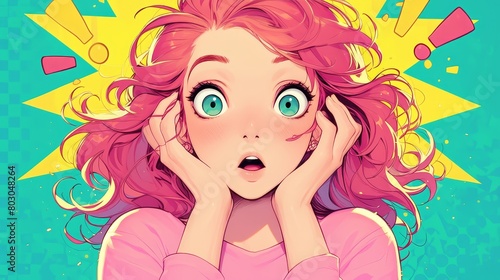 comic pop art style  woman with red hair in pink shirt looking shocked and surprised 