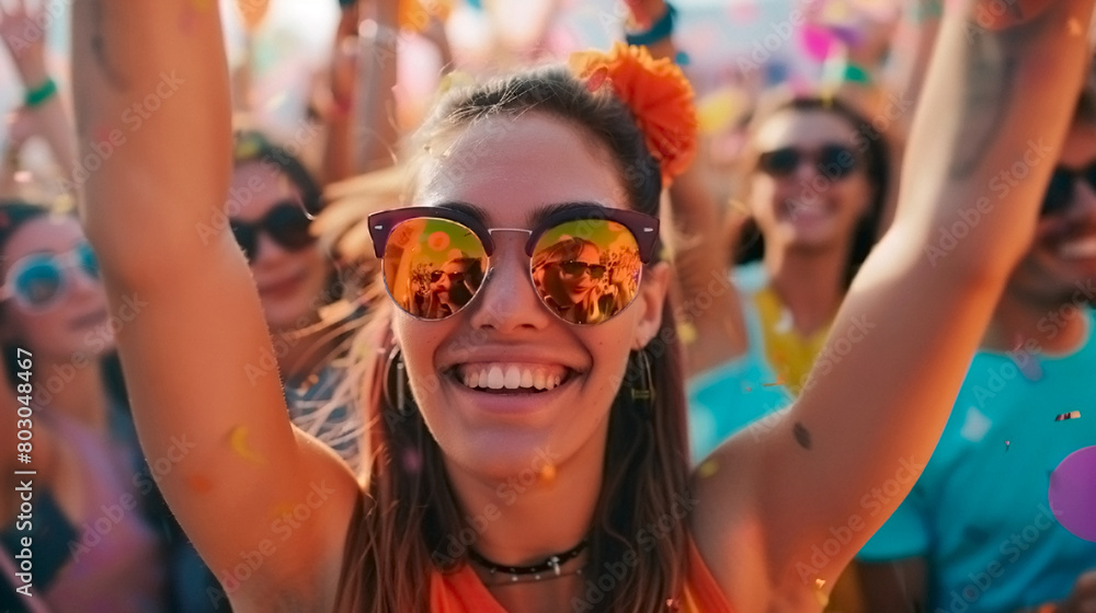 A woman is smiling and wearing sunglasses while surrounded by a group of people, scene is happy and funny A woman is smiling and wearing sunglasses while surrounded by a group of people, scene is happy and funny