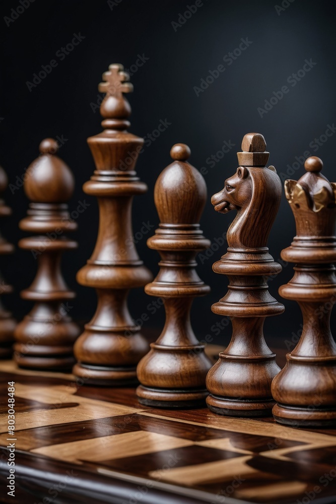 Luxurious, richly decorated chess pieces on the game board.