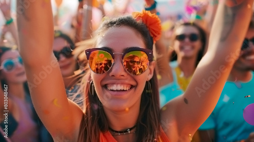 A woman is smiling and wearing sunglasses while surrounded by a group of people, scene is happy and funny