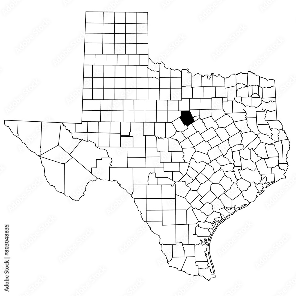 Map of erath County in Texas state on white background. single County map highlighted by black colour on Texas map. UNITED STATES, US
