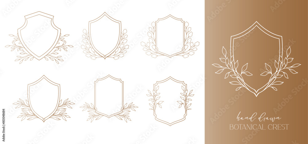 Wedding Crest floral Line Art Design. Botanical Crest Line Drawing. Greenery Line Art, Leaf and Branches Crest. Floral Frame line Art. Monogram Logo Crest Wedding Crest floral Line Art Design. Botanical Crest Line Drawing. Greenery Line Art, Leaf and Branches Crest. Floral Frame line Art. Monogram Logo Crest