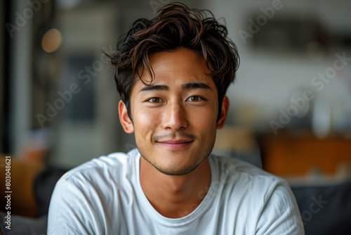 Asian smiling man wearing a white t-shirt, blurred room background emphasizing minimalist style