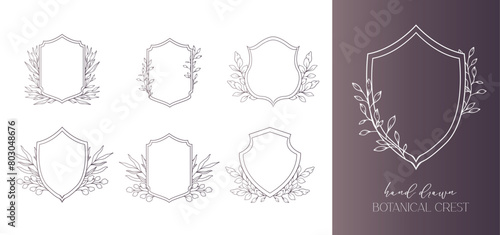 Wedding Crest floral Line Art Design. Botanical Crest Line Drawing. Greenery Line Art, Leaf and Branches Crest. Floral Frame line Art. Monogram Logo Crest