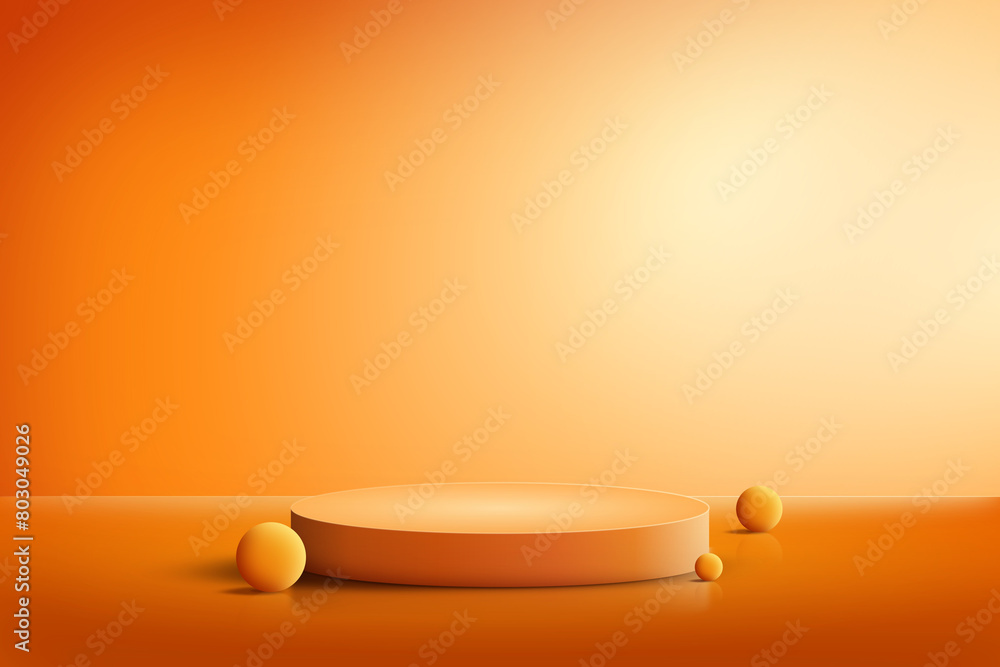 3d display product backdrop with cylinder pedestal podium platform. Product displayed on orange podium with spheres against gradient background, ideal for product showcasing 3d display product backdrop with cylinder pedestal podium platform. Product displayed on orange podium with spheres against gradient background, ideal for product showcasing