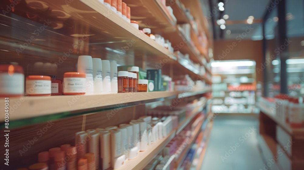 empty pharmacy shelf, front view, closeup camera angle, contemporary
